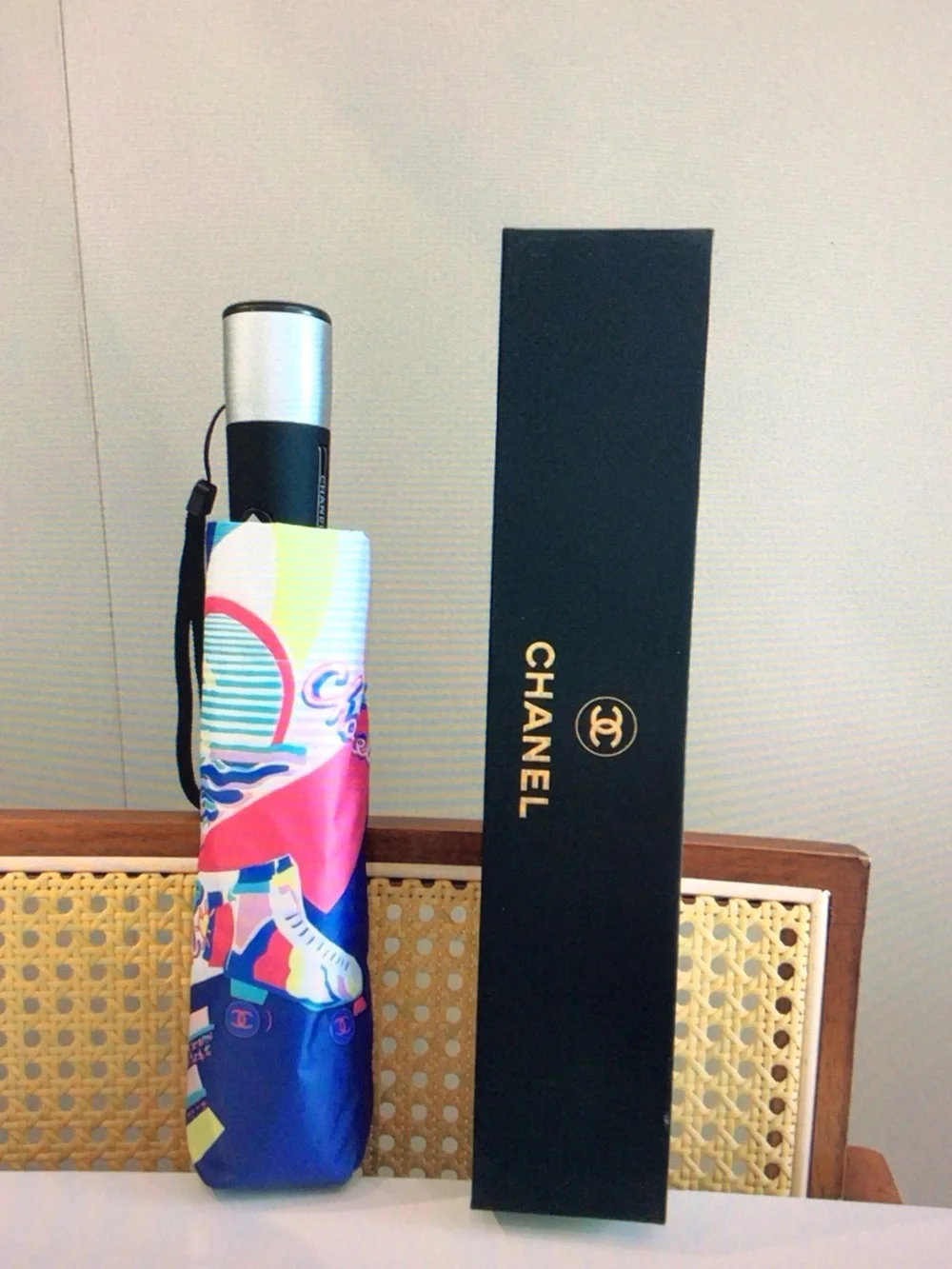 CHANEL Pink, Blue & Yellow Graphic Coco Heart Umbrella